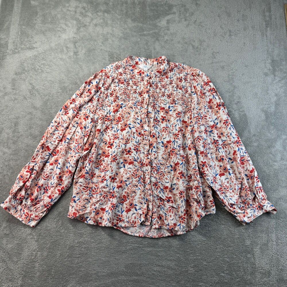 Time And Tru Blouse Womens Large Pink Long Sleeve Floral Boho Cute Button Up Top